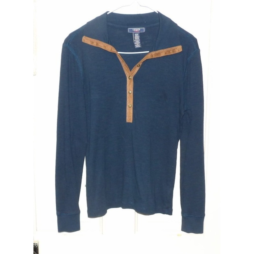 Chaps Mens Navy Blue Long Sleeve Henley Shirt Faux Suede Trim Size Small